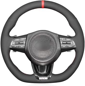 Black Genuine Leather Suede Carbon Fiber Steering Wheel Cover for Kia Stinger GT GT1 GT2 GTS Stinger GT-Line 2018 2019 2020 2021 2022 Car Custom Fit Hand Stitched OEM Interior Accessories