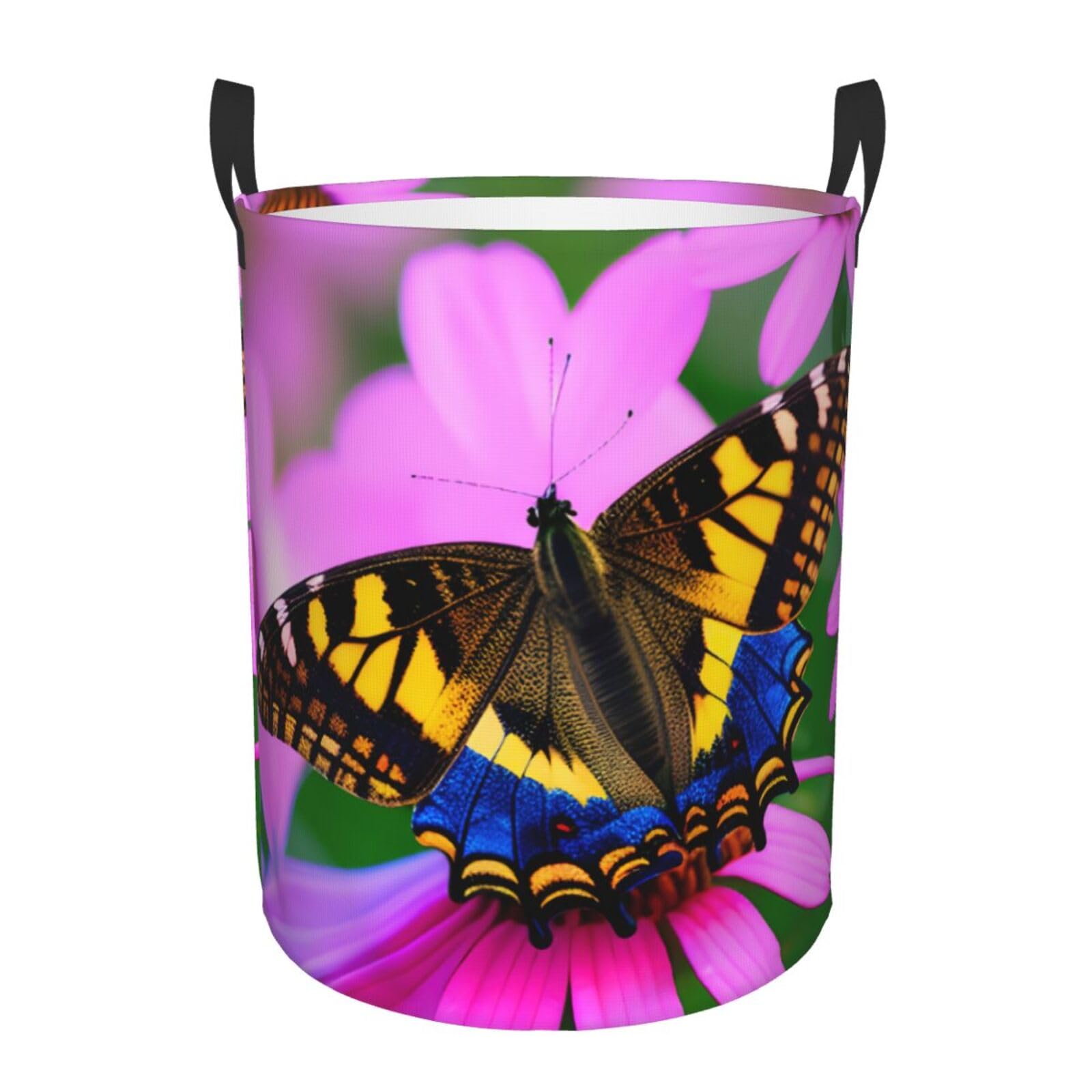 M Collapsible Round Floral Butterfly Print Laundry Hamper