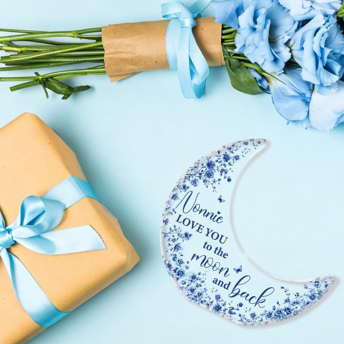Nonnie Gifts, Mothers Day Birthday Gifts for Grandma, Moon Acrylic Desk Decorations, Retirement Appreciation Gift for Women Granny Nana, Blue Floral Acrylic Plaque for Office Bedroom Decor