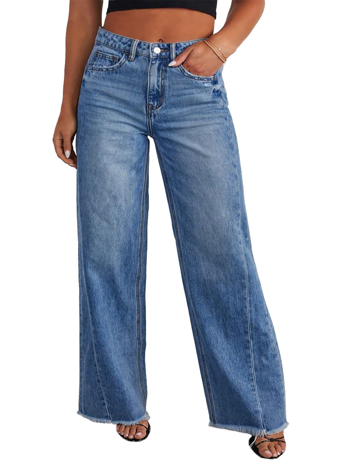 Eytino Women's Plus Size Wide Leg Jeans Elastic High Waist Stretchy Raw Hem Denim Pants with Pockets(1X-5X)