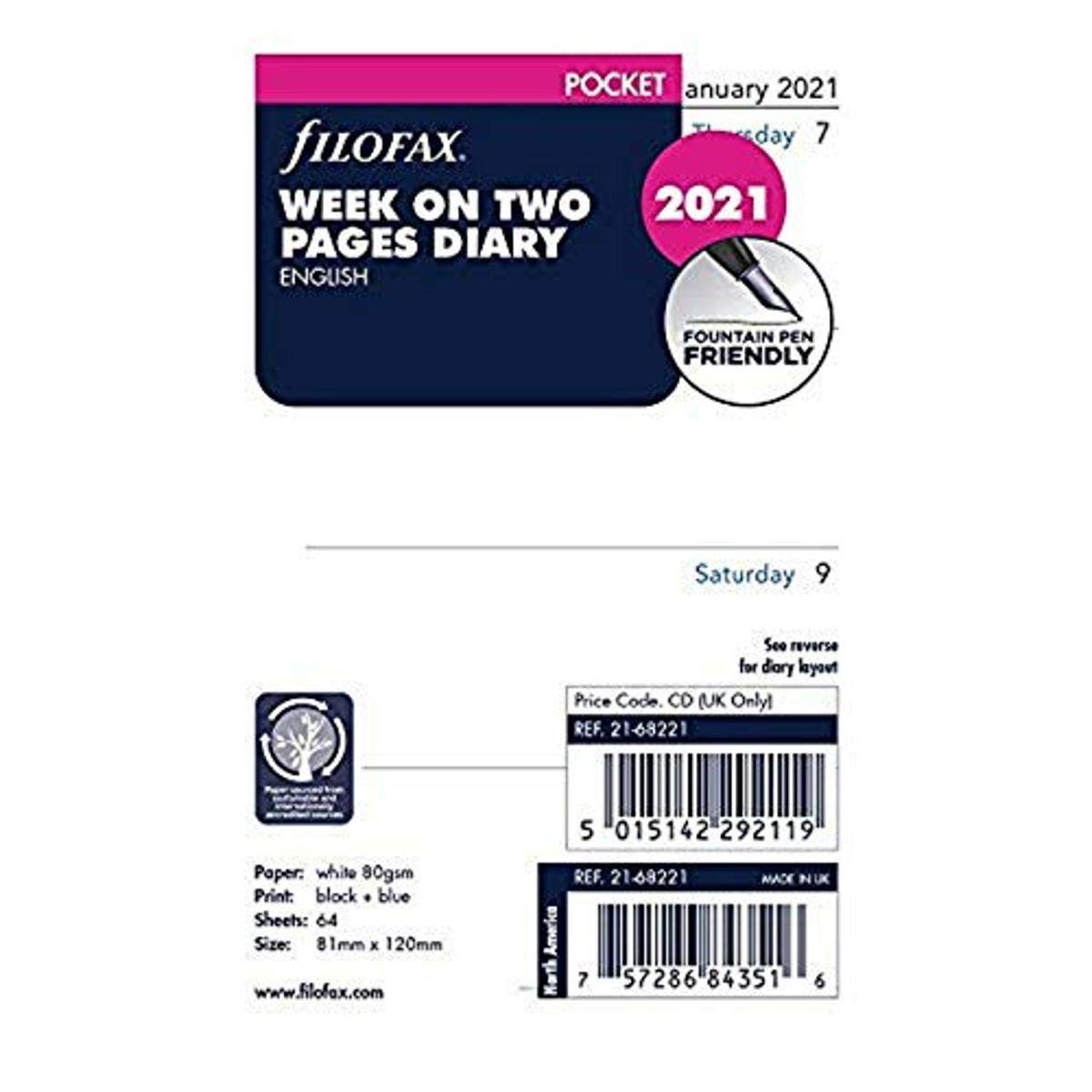 Filofax 2021, tascabile, visualizzazione settimanale, inglese (C68221-21)