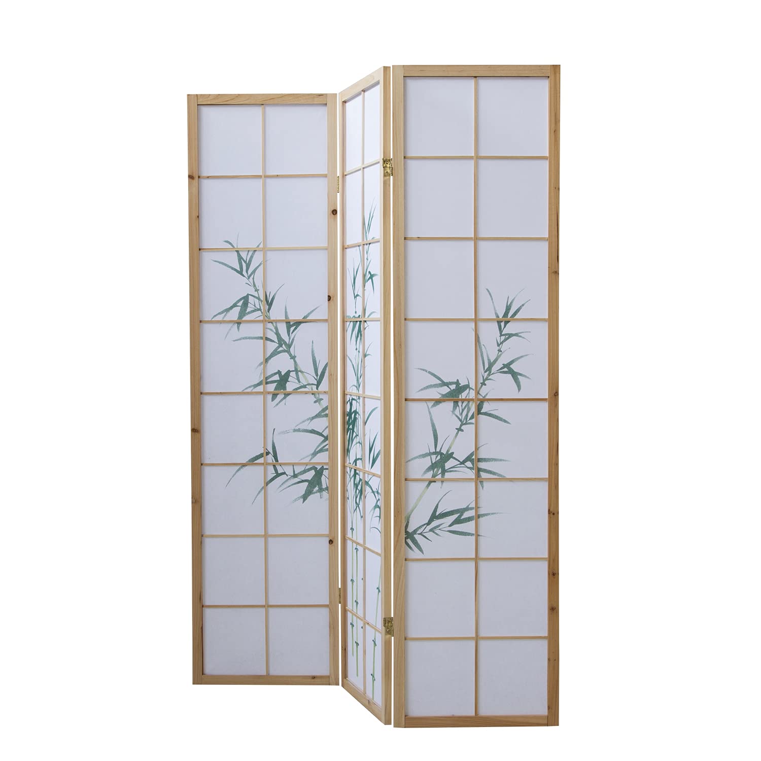 Homestyle4u Séparateur de pièce intérieur 3 Panneaux en Bois Brun Clair Paravent Pliable avec Motif Bambou Shoji Papier de Riz