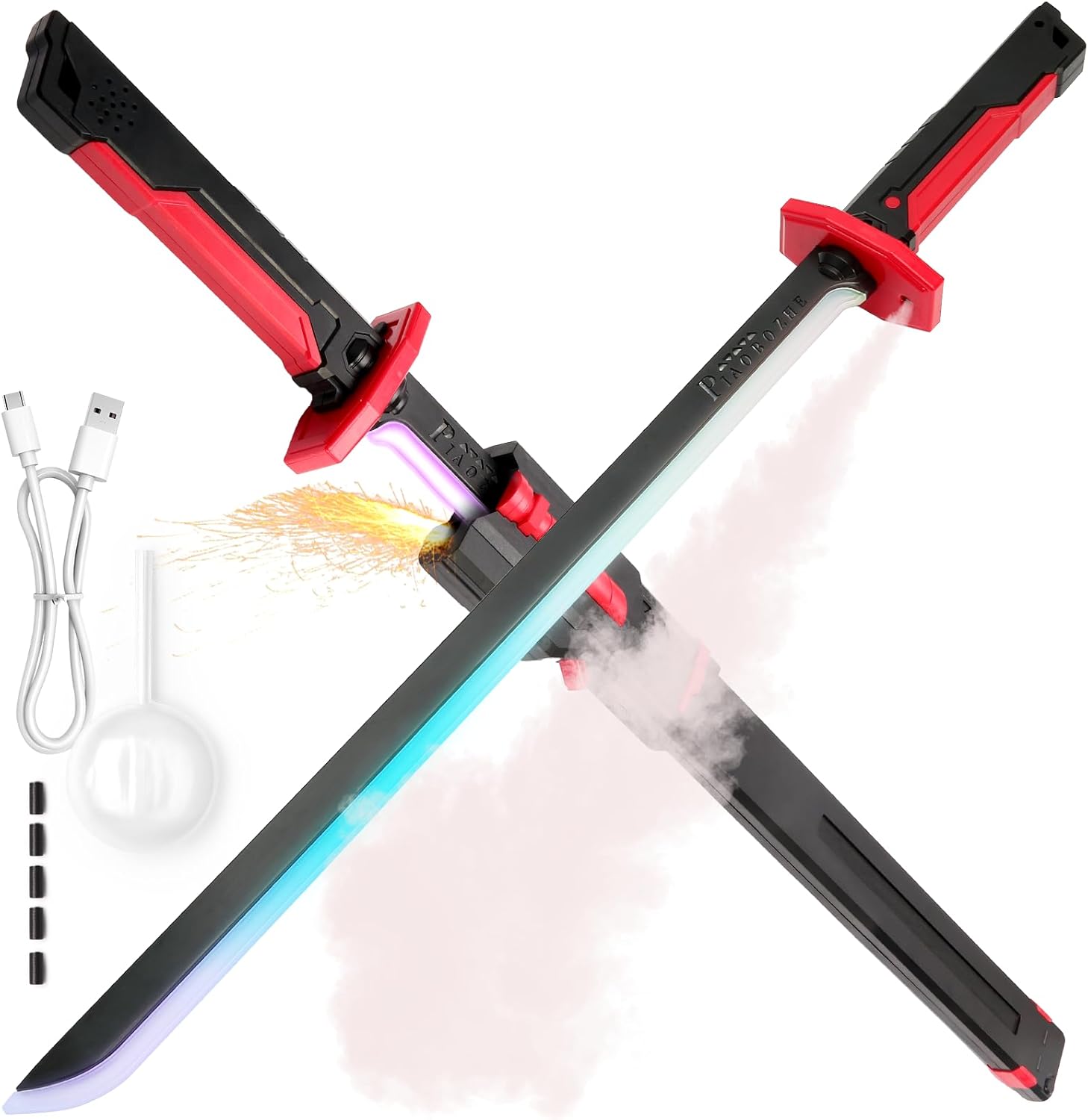 Cyberpunk Spark Sword Toys- 31.5inch 8 Colors RGB LED Light, Mist Spray, Cool Spark, Smart Hit Sound Interaction
