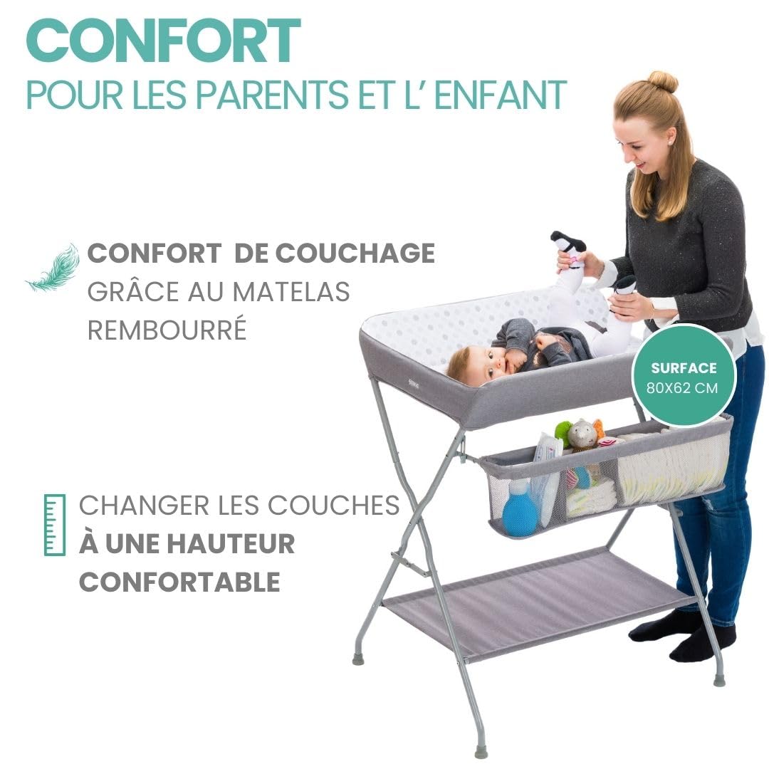 Fillikid Table a Langer Pliante, Transportable - Gris à Pois | Avec compartiments de rangement, bords surélevés, compacte, peu encombrante et stable