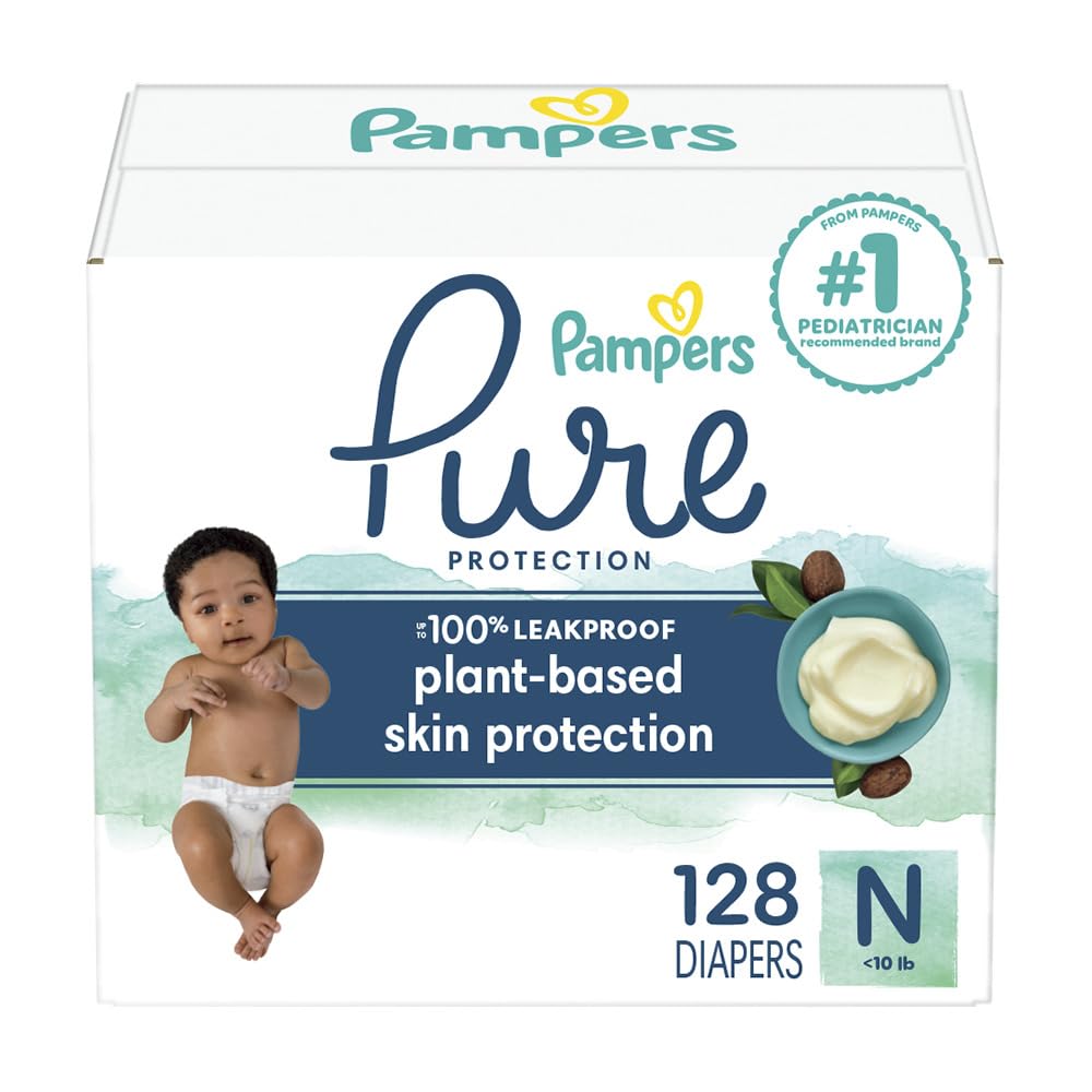 Pampers Pure Protection Diapers Newborn - Size 0, 128 Count, Hypoallergenic Premium Disposable Baby Diapers