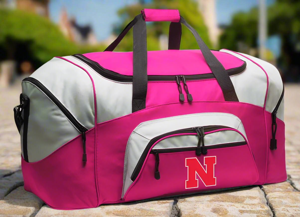 LARGE Nebraska Huskers Duffel Bag University of Nebraska Suitcase or Gym Bag For Her (Pink)