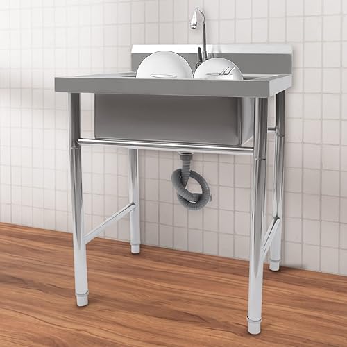 Miniatura 7 de Fregadero de un solo cuenco, juego de fregadero de cocina de restaurante comercial con grifo y escurridor, 1 compartimento para lavabo de mano con