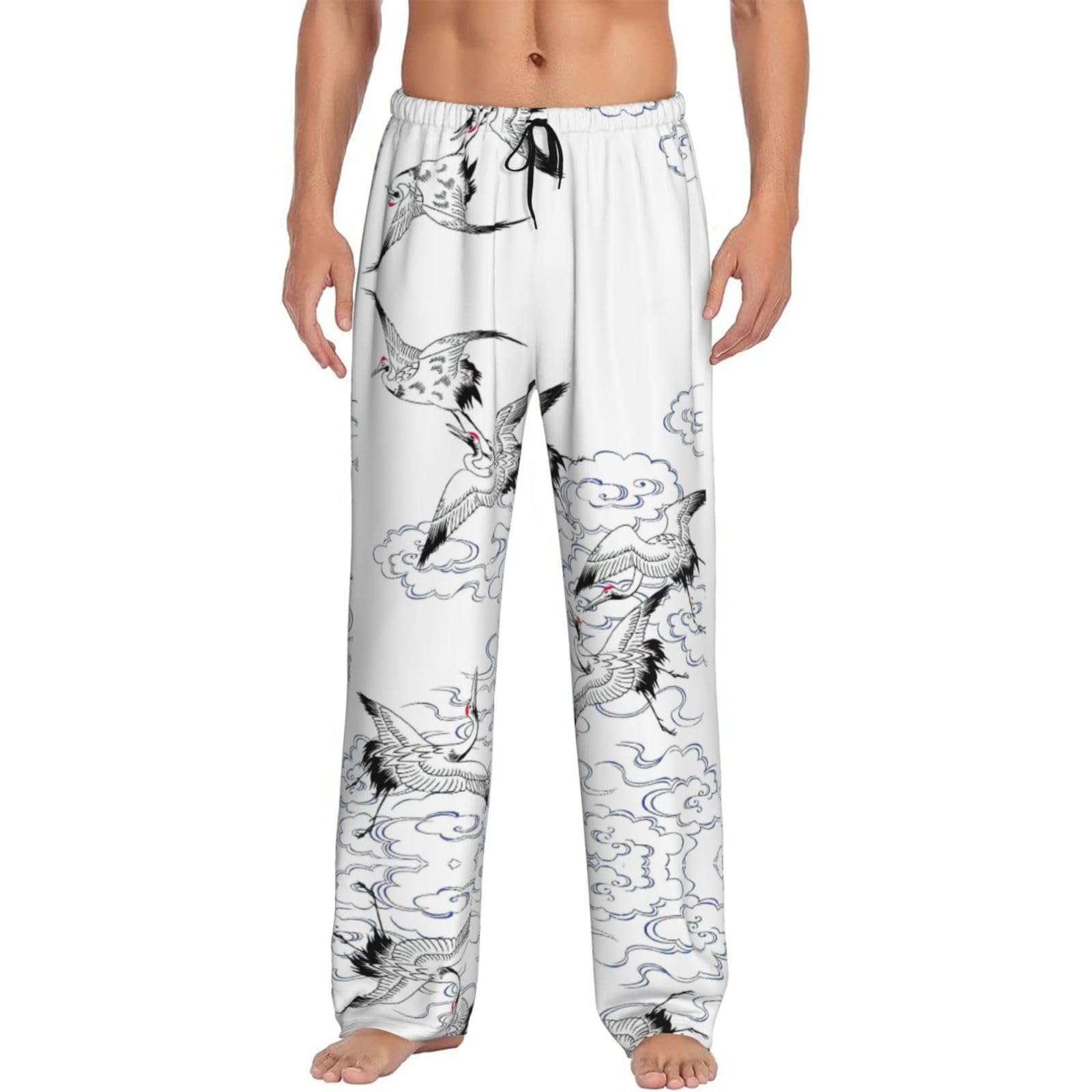 Men'S Japanese Crane Print Pajama Pants, Lounge Pants,Sleepwear Bottom Pants With Pocket Drawstring
