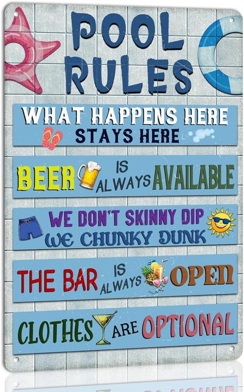 Pool Rules Metal Sign Retro Poster for Home Swimming Pool River Beach Farmhouse Garden Outdoor Funny Wall Deocr Outside Pool Metal Tin Sign Decor 12x16 Inch