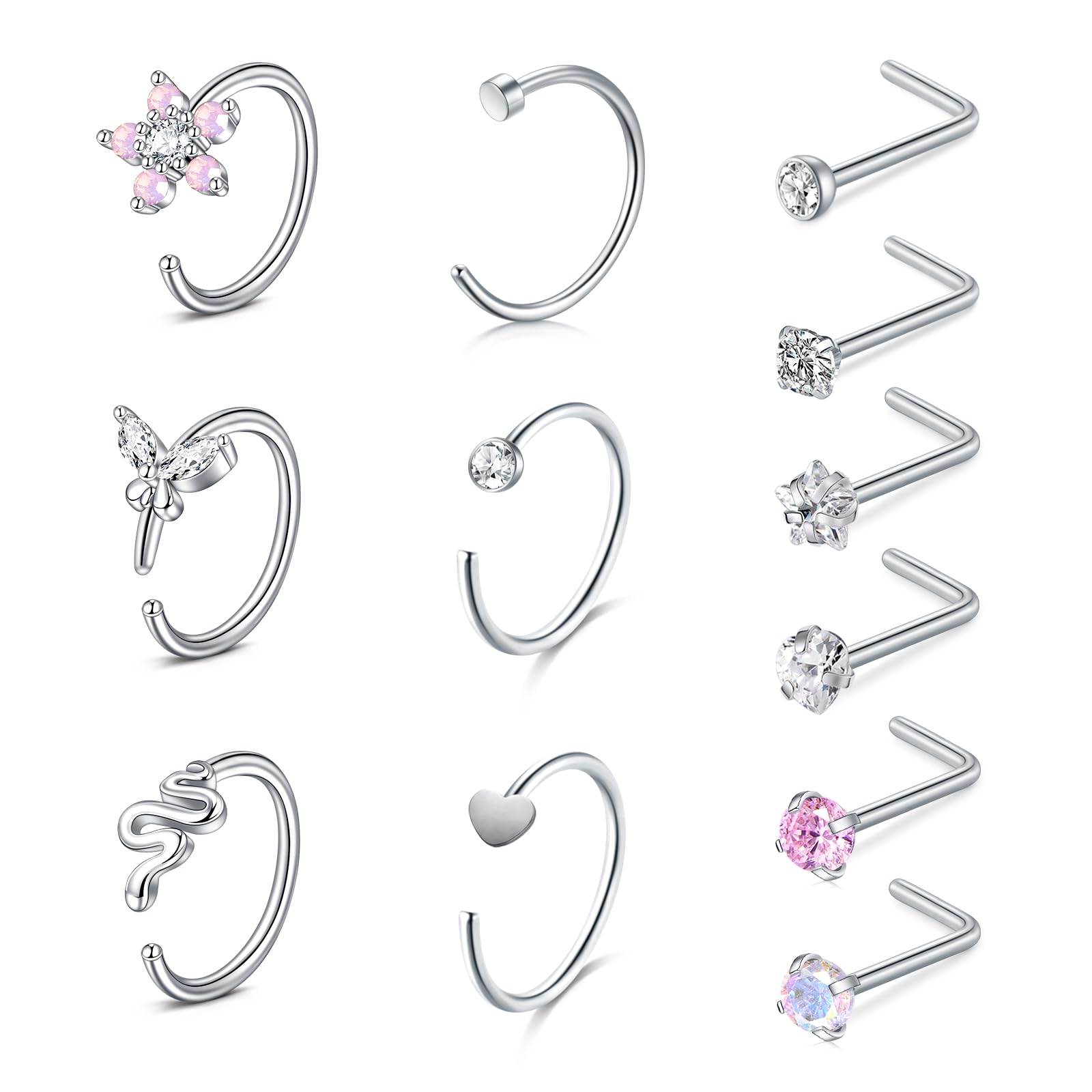 WillTen 20G Nose Studs L Shape Women Nose Studs Colorful Diamond CZ Silver Stainless Steel Heart Start Piercing Jewelry — view 13