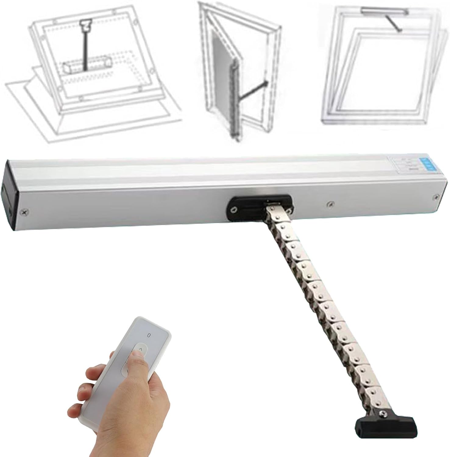 Electric Window Opener 300/400/500/600/700mm Stroke Single Chain Window Opener Actuator with Rain Sensor and Remote Control for Skylight Window Greenhouse and Roof Vent, 600mm