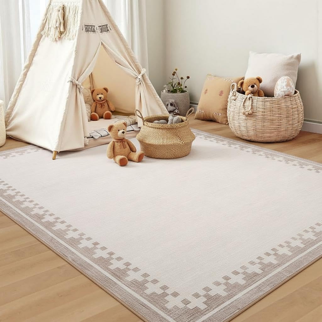 GarveeHome 5x7 Washable Low Pile Living Room Area Rugs Non Slip Modern Border Bedroom Throw Carpet Soft Stain Resistant Geometric Dining Room Rug for Nursery Room Guest Room, Light Beige/Seashell