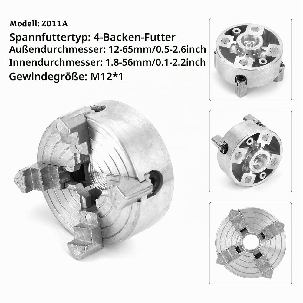 Vierbackenfutter, Z011A Zinklegierung 4 Backenfutter M12x1 Drehfutter Drechselzubehör für Mini-Metalldrehmaschine, 4 Backen-Drehmaschinenfutter