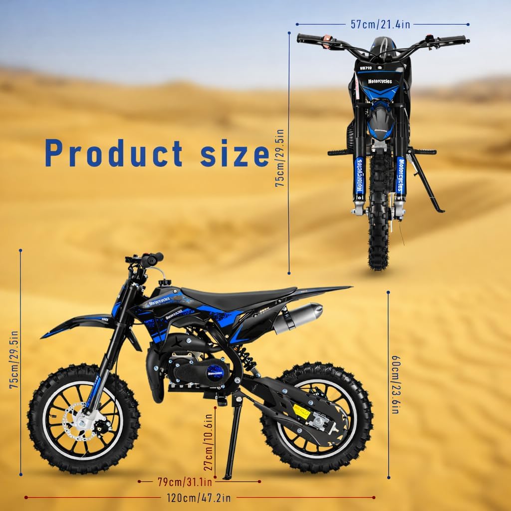 50cc 2-Stroke Kids Dirt Bike,Gas Powered Motorcycle for Kids with Off-Rode Tire, Front Rear Disc Brakes Motocross,Up to 25 Mph,Shock Absorption Pocket Motorbike (Blue)