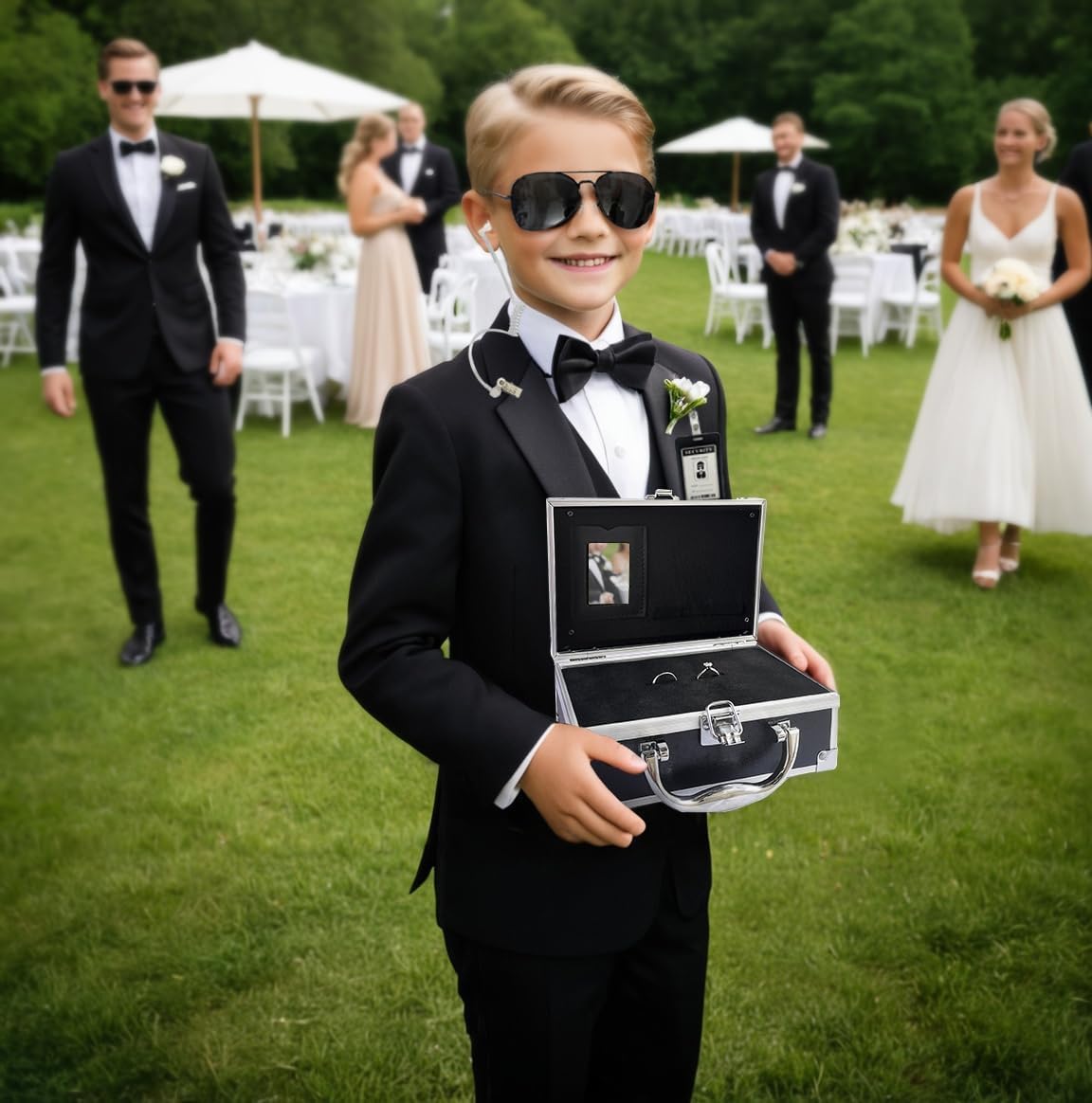 Wedding Ring Security Box With Holder Pad, Ring Bearer Breifcase Proposal Gifts Set with Ring Bearer Box, Sunglasses, Earpiece, Badge, Bow Tie, Mission Card for Ceremony