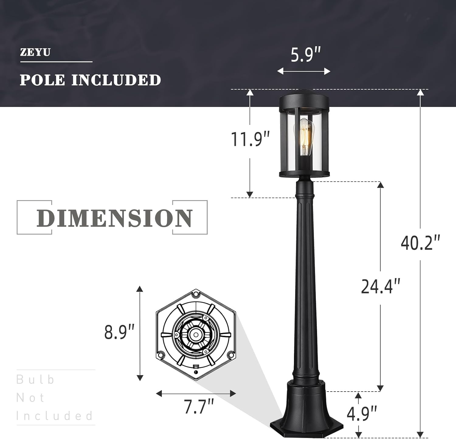 zeyu 40.2'' Modern Outdoor Post Light, Modern Exterior Pole Light, Pathway Light with Pole Mount Base, Black Metal Finish with Clear Glass Shade, ZW118PL BK