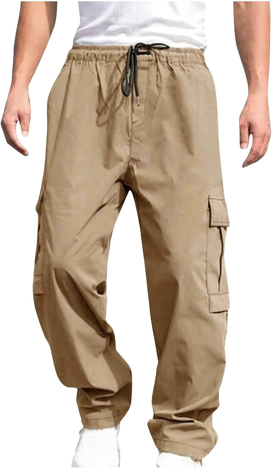 Mens Casual Dungaree Pants Elastic Drawstring Cargo Pants Lightweight Relaxed Fit Cotton Workout Sweatpants Workwear