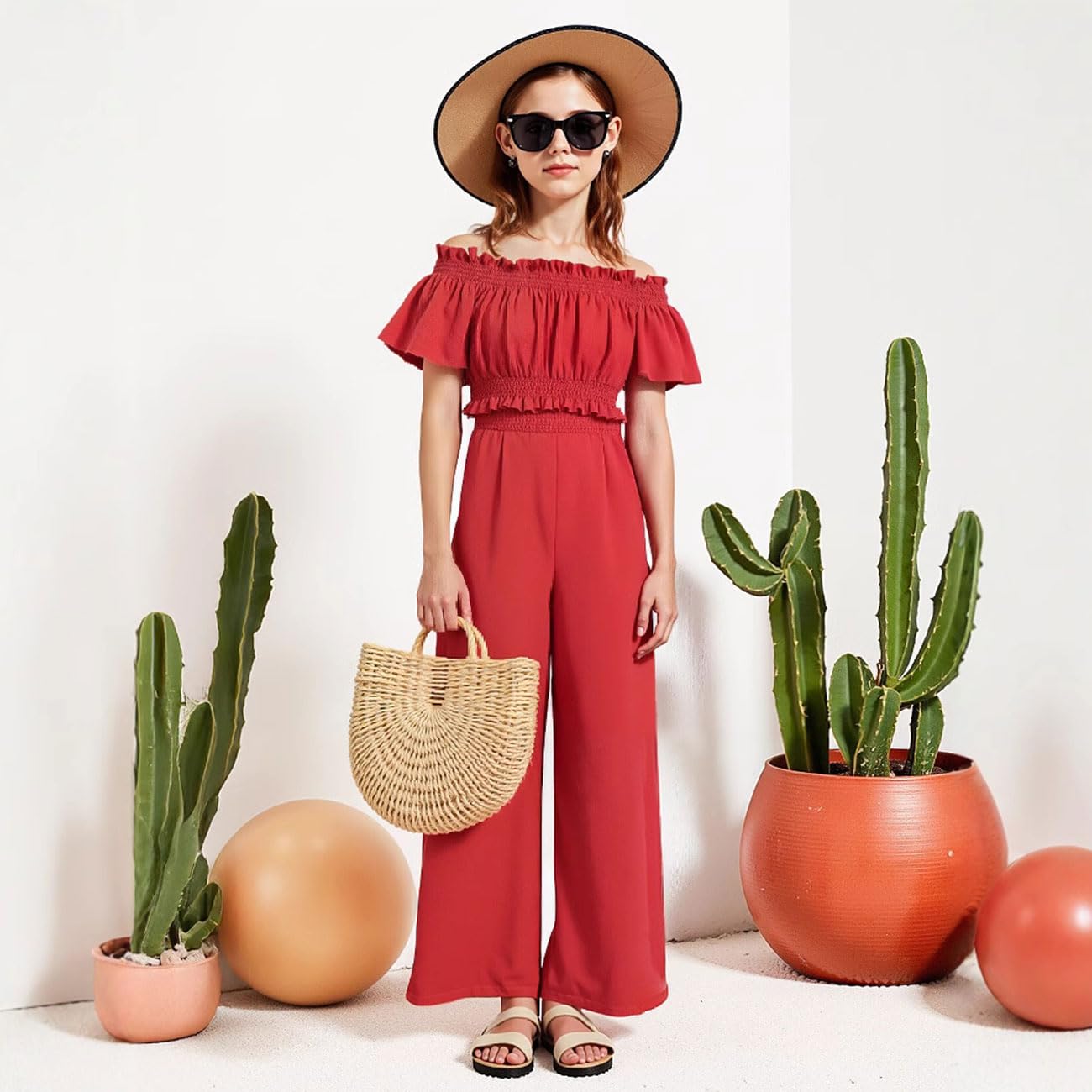 Completo Estivo Bambina, Top con Spalle Scoperte, Maniche con Volant e Vita Stretta + Pantaloni Elasticizzati a Vita Alta e Gamba Larga, Abbigliamento Bambina, Rosso 8-12 Anni