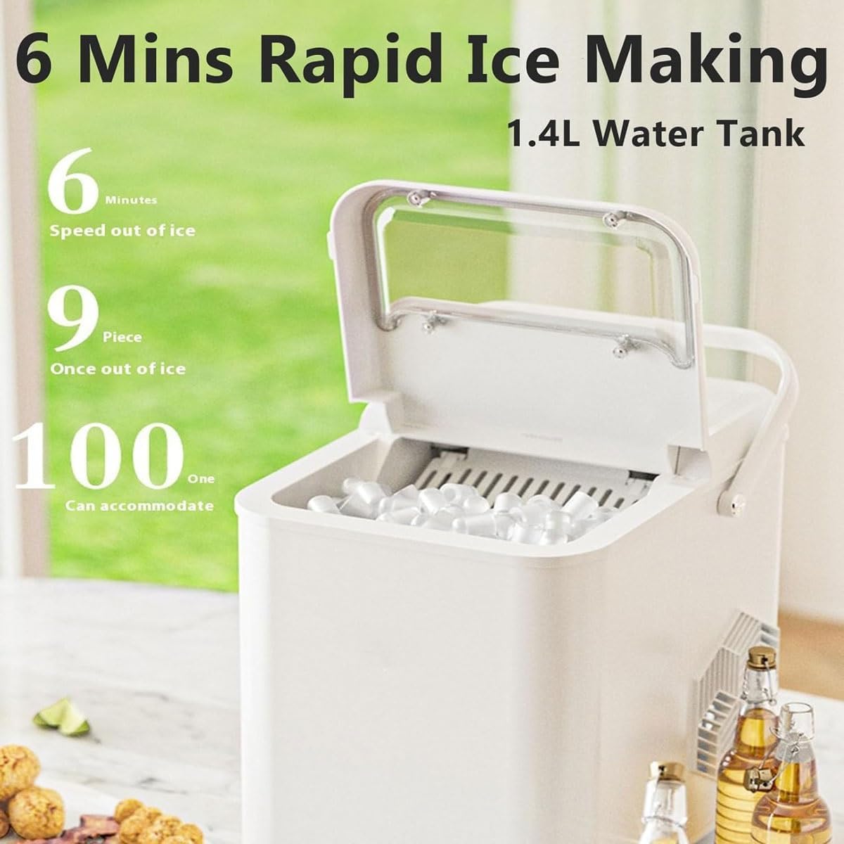 Electric Countertop Ice Maker, Self-Cleaning Ice Cube Maker with Ice Scoop and Basket, 9 Ice Cubes in 6 Mins, 2 Sizes of Ice, 12 KG in 24Hrs, Ice Maker Machine for Home, Kitchen,Office,Bar and Party