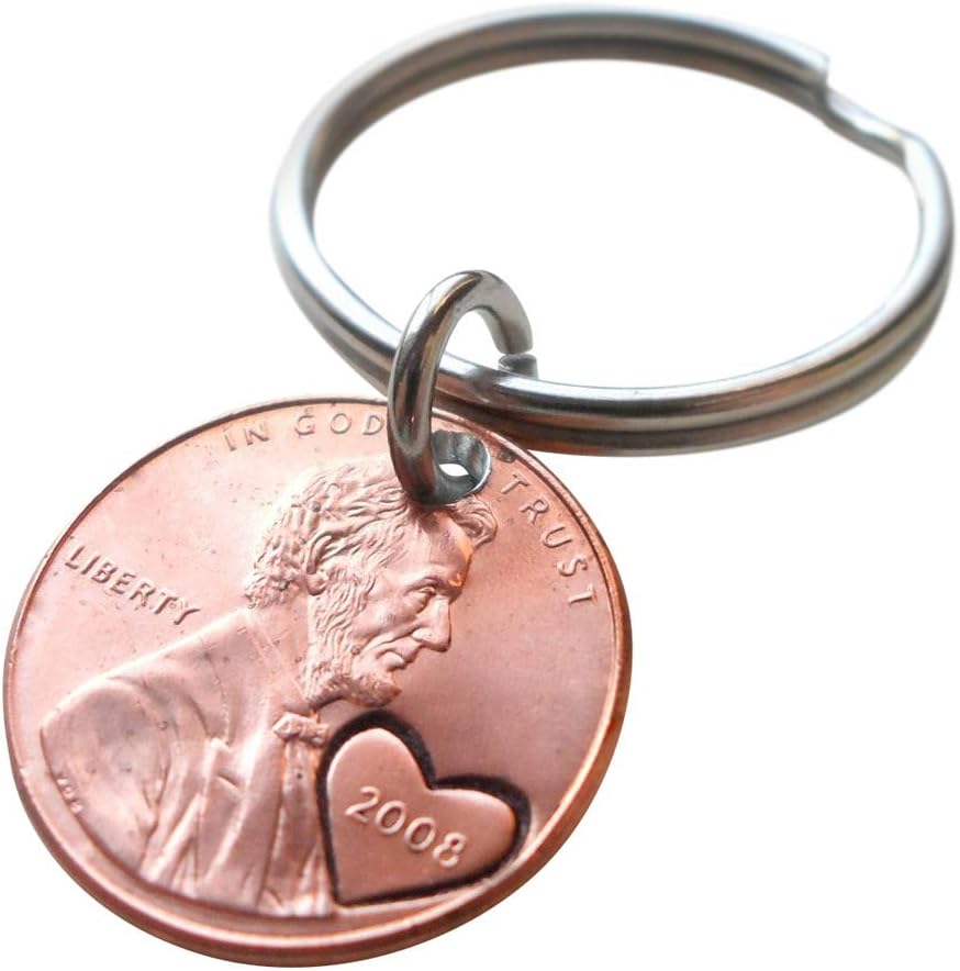 JewelryEveryday 2008 US One Cent Penny Keychain with Heart Around Year; 10 Year, Engraved Couples Keychain