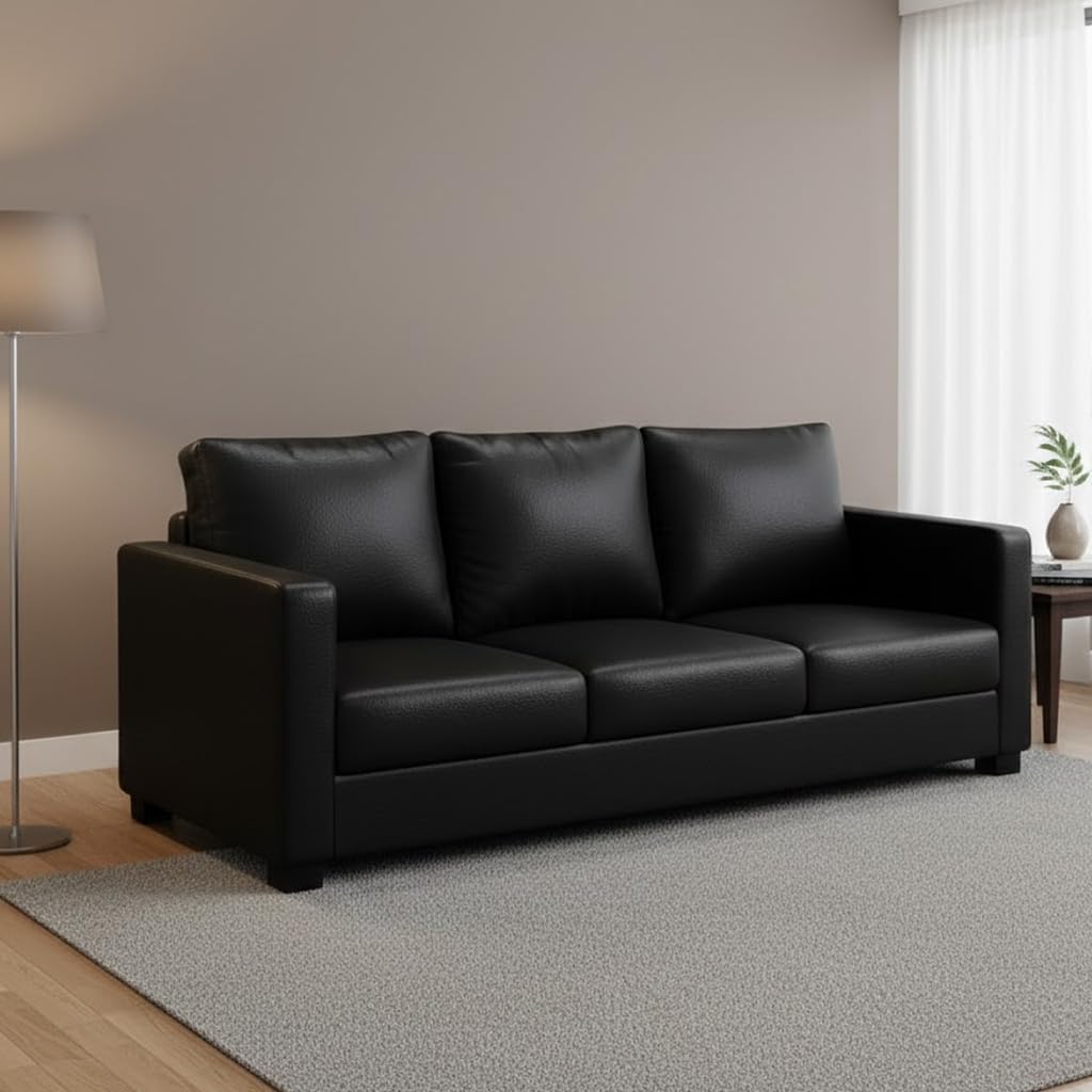 FURNY Haster 3 Seater Leatherette Sofa (Black) Premium Finish | Durable & Comfortable | Ideal for Living Room