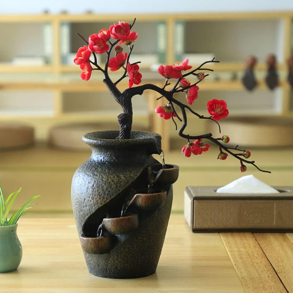 5-Tier Relaxation Tabletop Fountain, Zen Meditation Indoor Waterfall Feature with Plum Blossom for Home Office Bedroom Relaxation (A)