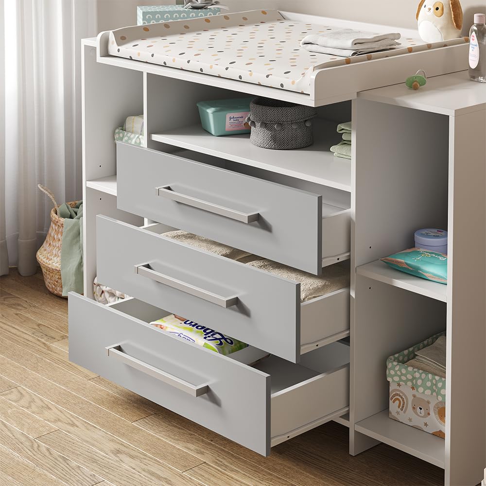 Vicco Cómoda Cambiador Oskar, Blanco/Gris, 143 x 100 cm XL con cajones, Apto como Cambiador con Zona de Almacenamiento Ampliable