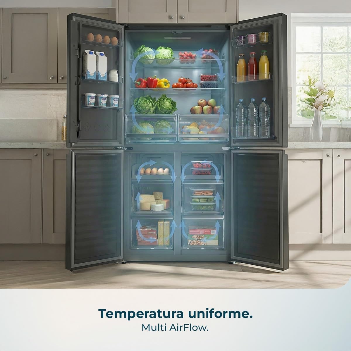 Cecotec Frigorífico Americano 4 Puertas Bolero CoolMarket 4D 503 Black Glass D. 503 L, Altura 177,5 cm, Ancho 85 cm, Total NoFrost, Motor Inverter, Multi AirFlow, Display Táctil