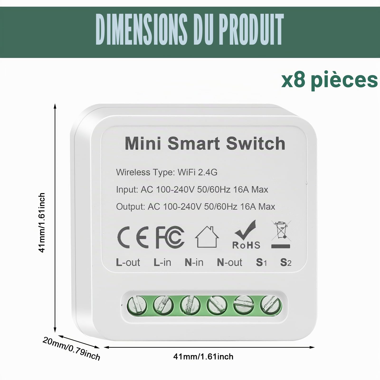 8 pièces Smart Module d'interrupteur d'éclairage 1 voie Double commande, Mini DIY Interrupteur Wi-Fi S'adapte derrière le module d'interrupteur mural Compatible avec l'application Tuya, Alexa et