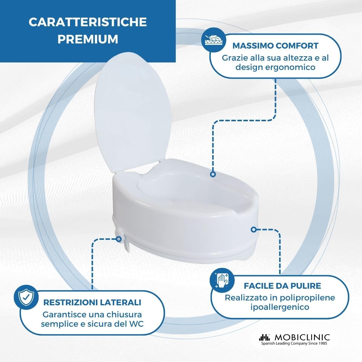Mobiclinic, Rialzo wc per Anziani, Altezza 14 cm, Alza water, Con coperchio, Mobilità ridotta, Disabili, Sistema di fissaggio laterale, Ausili, Bianco, Titán