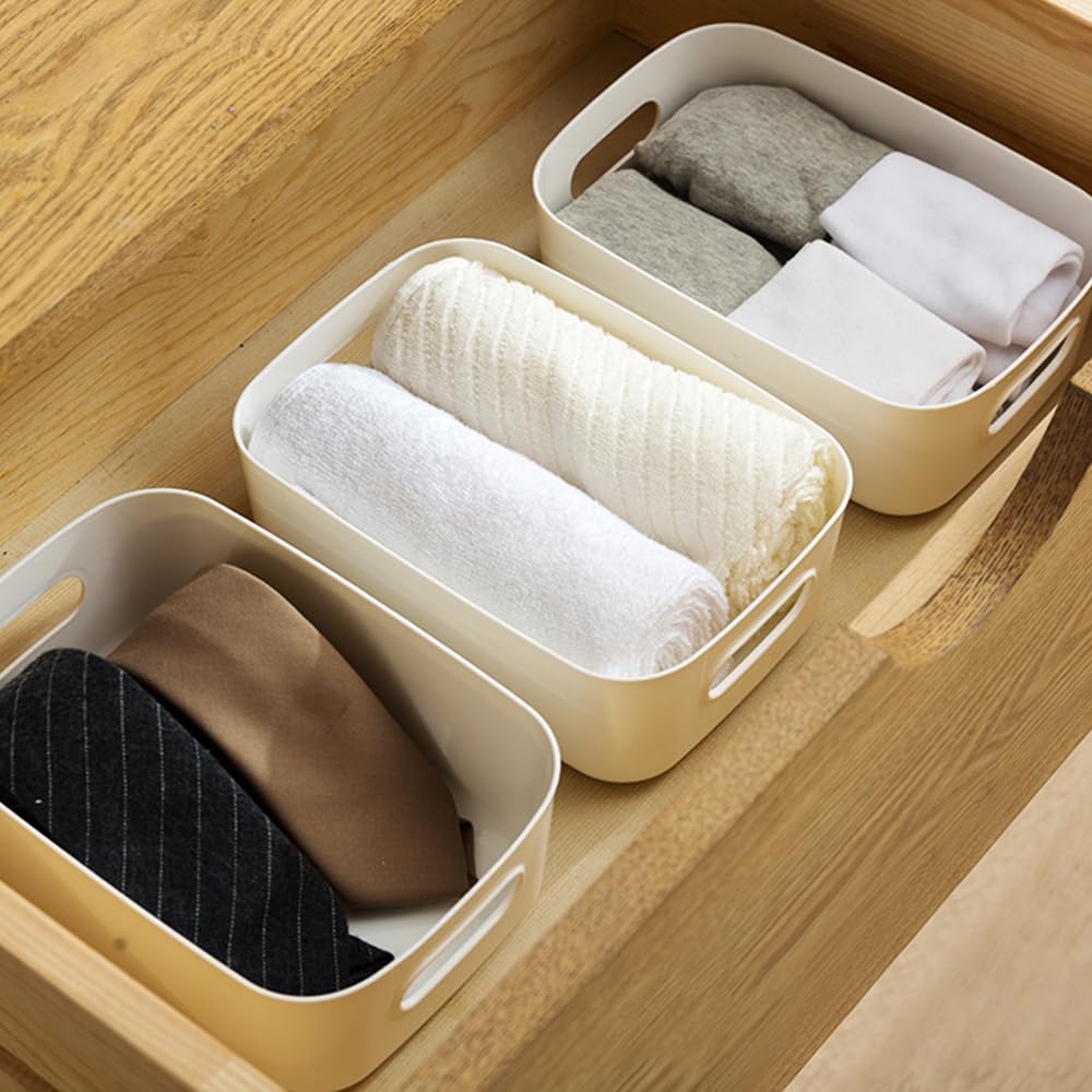 6 Piezas Cestas de Almacenaje, Cajas Organizadoras de Plástico con Asas, Cestas Almacenaje, Cesta de Ordenación, Cesta de Almacenamiento para Hogar Cocina Baño, 21x14x7cm (Blanco)