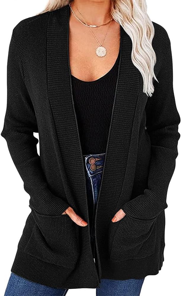 ZOCANIA Women's Fall Open Front Waffle Knit Cardigan Long Sleeve Cozy Knit Sweaters with Pockets Sweaters for Women