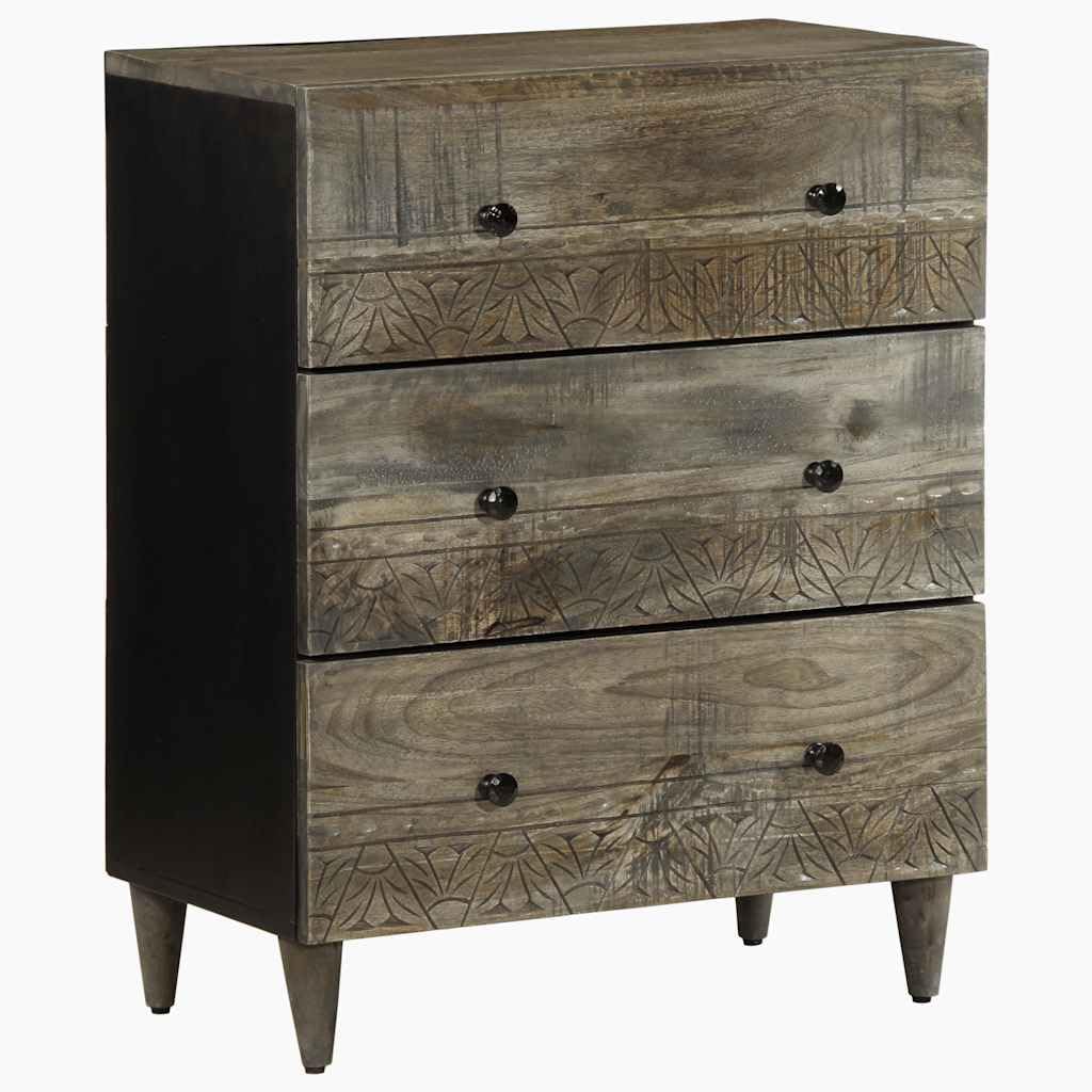 Sideboard Hellgrau Massivholz Mango 60x33,5x75 cm mit Schnitzfront, Stauraum Schrank, Aufbewahrungsschrank für Wohnzimmer, Büro, Flur, Schlafzimmer