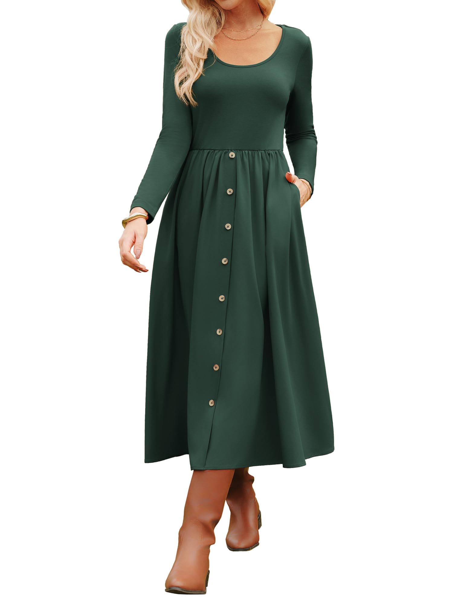 GRACE KARIN Women's Long Sleeve Midi Dress 2025 Fall Casual Crewneck Knit Button Flowy A Line Dresses with Pockets