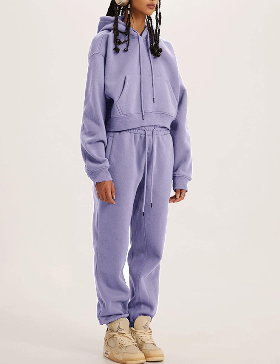 ROJZR Womens Fleece 2 Piece Outfits Lounge Sets Crop Hoodies Tops Elastic Waist Jogger Pant Sweatsuits - Image 3