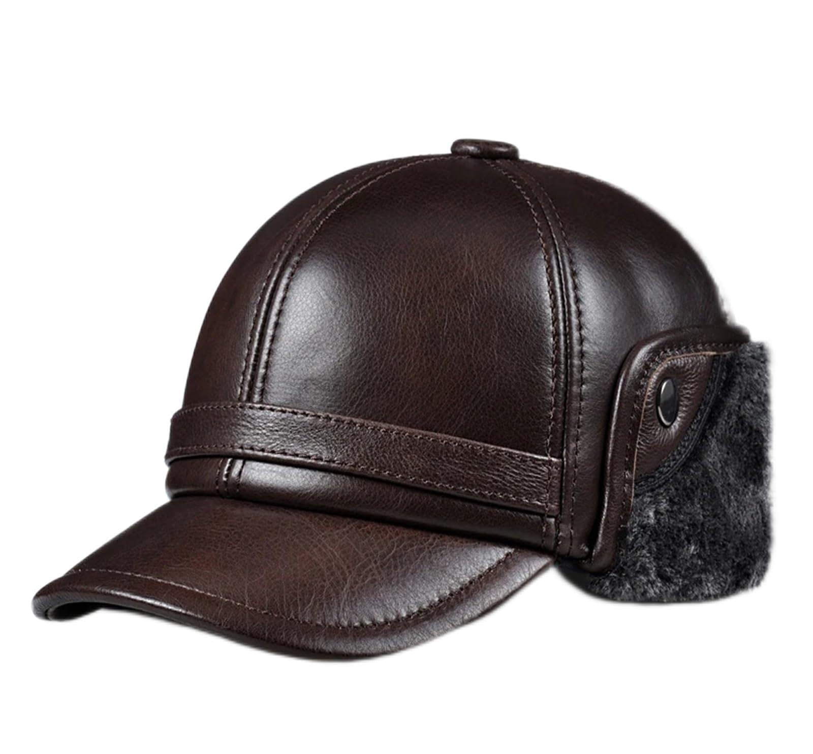 SDdPulse Cappello invernale da uomo in pelle bovina spessa berretti da baseball con orecchie caldi cappelli di papà snapback, marrone-L