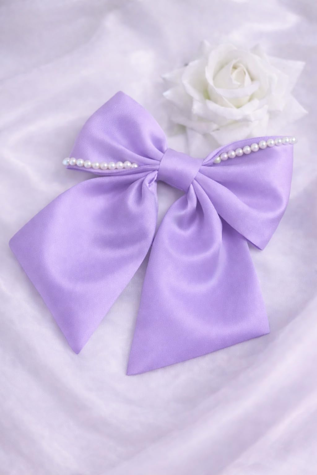 Lavender Satin Hair Bow Clip with Pearl Embellishment, Purple Hair