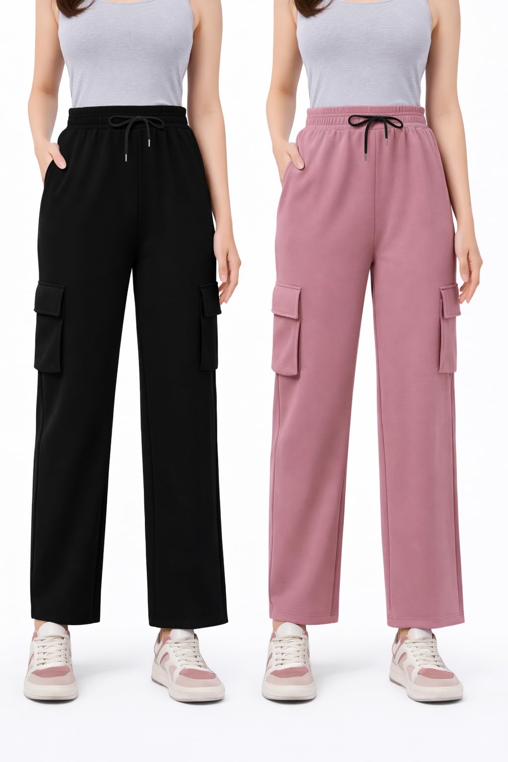 Pack of 2 Women’s 4 Pocket Cargo Joggers, Soft Twill Cotton Comfortable Track Pants | High-Waist Cargo for Office, Travel, Gym Workout & Casual Wear-image-45