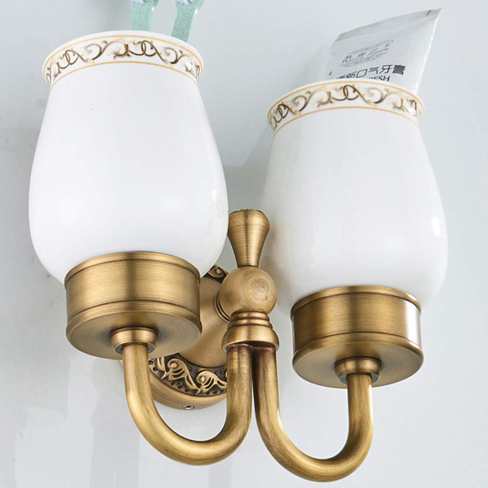 Portaspazzolino Doppio con 2 Tazze, Bicchiere a spazzolino da Denti retrò, Costruzione in Ceramica e Ottone Massiccio con Intagli Anticato a Parete per Bagno
