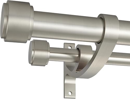 Barras de cortina dobles con soportes de aluminio para ramo y remates de tapa de extremo, barras de cortina de níquel cepillado para ventanas de 36