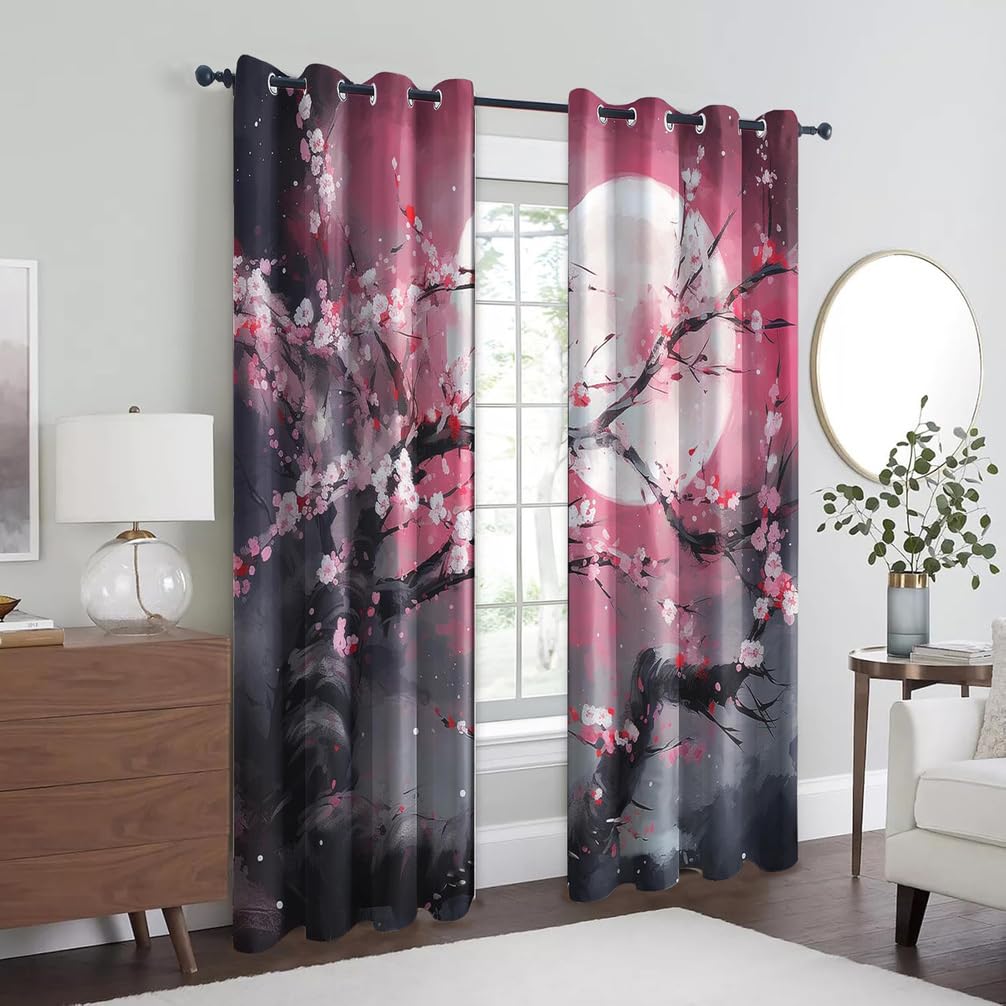Rideau Motif Style Japonais Fleurs de Cerisier, Rideaux Thermiques Isolant Anti Froid, Rideaux Occultant À Oeillets, Lot De 2 Rideau Blanche Motif 140x240 Cm Décoration Salon,L,140x200H cm (2 panels)