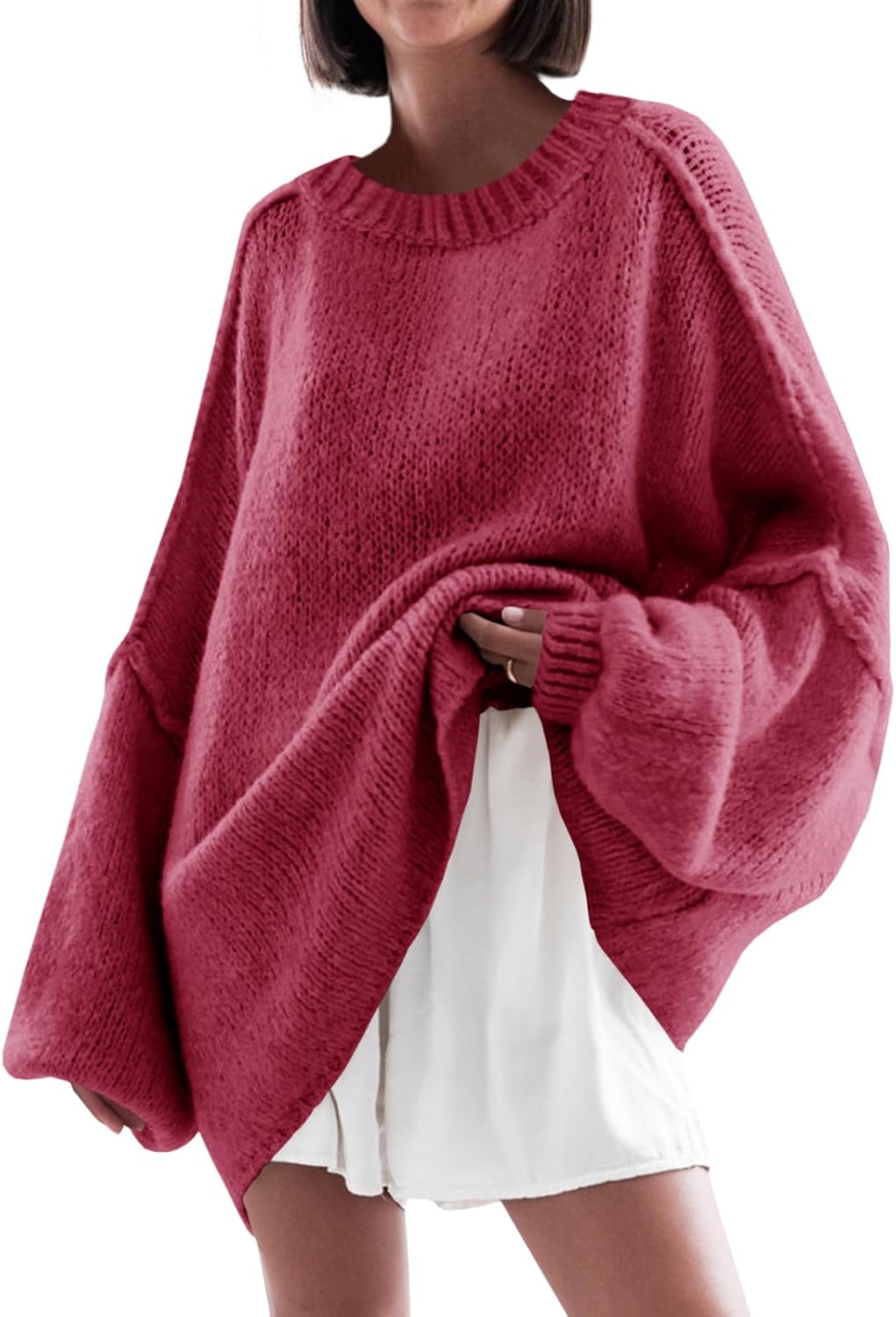 Saodimallsu Womens Oversized Sweater Chunky Crew Neck Long Lantern Sleeve Knit Fall Trendy Tunic Sweaters Top