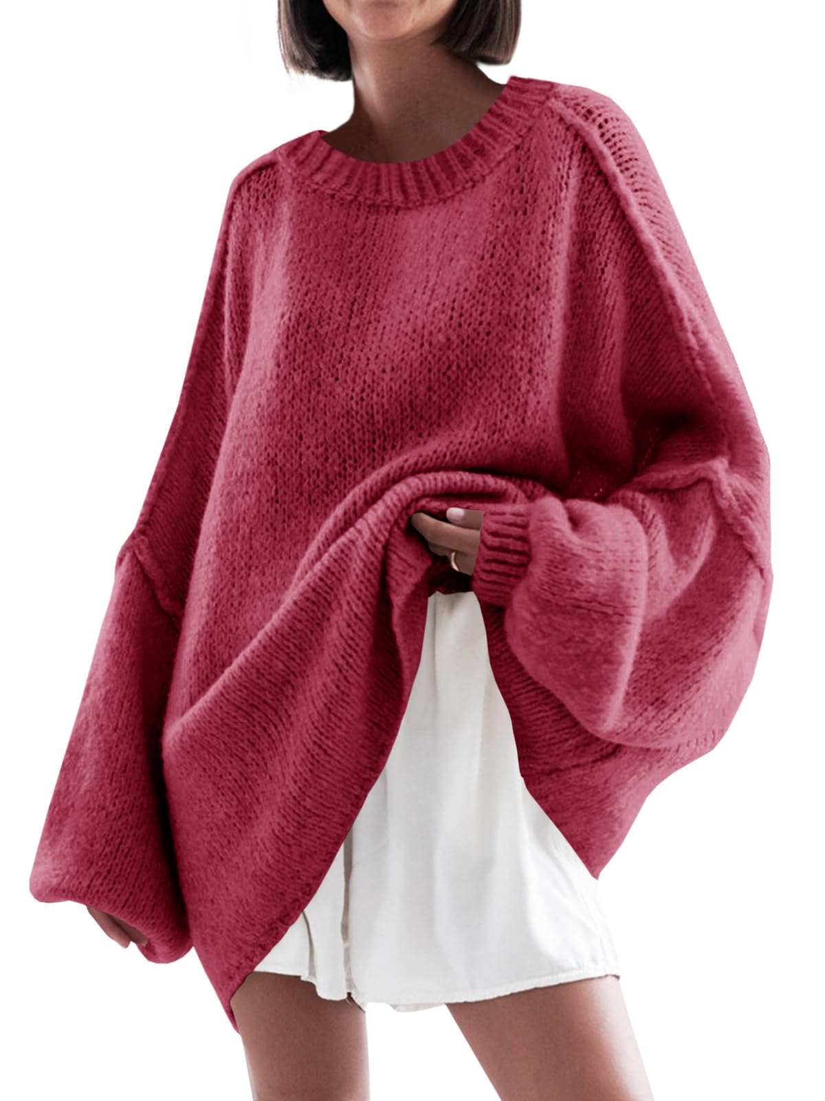 Saodimallsu Womens Oversized Sweater Chunky Crew Neck Long Lantern Sleeve Knit Fall Trendy Tunic Sweaters Top