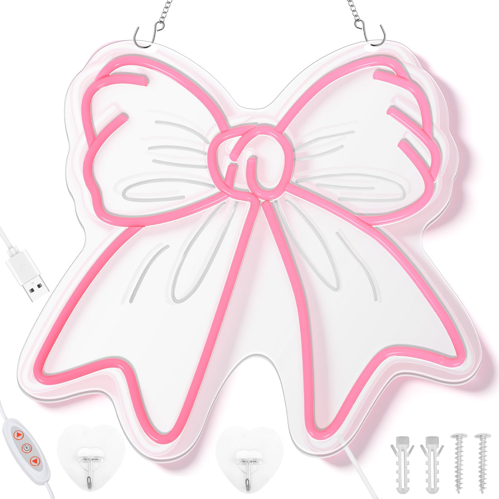 Pink Bow Neon Sign, LED Hanging Light Sign, Decorative Neon Lights with 10 Level Brightness Adjustment, USB Powered Light Up Signs for Party, Bar, Stores, Wall, Clubs, Coffee, Hotel(Style 2)