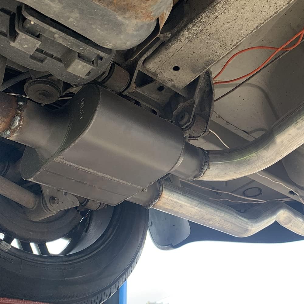 A-KARCK Universal Exhaust Muffler 2.25" Center Inlet 2.25" Center Outlet, 13" Overall Length Aluminized Steel Aggressive Sound Race Muffler for Cars, Trucks (Black)