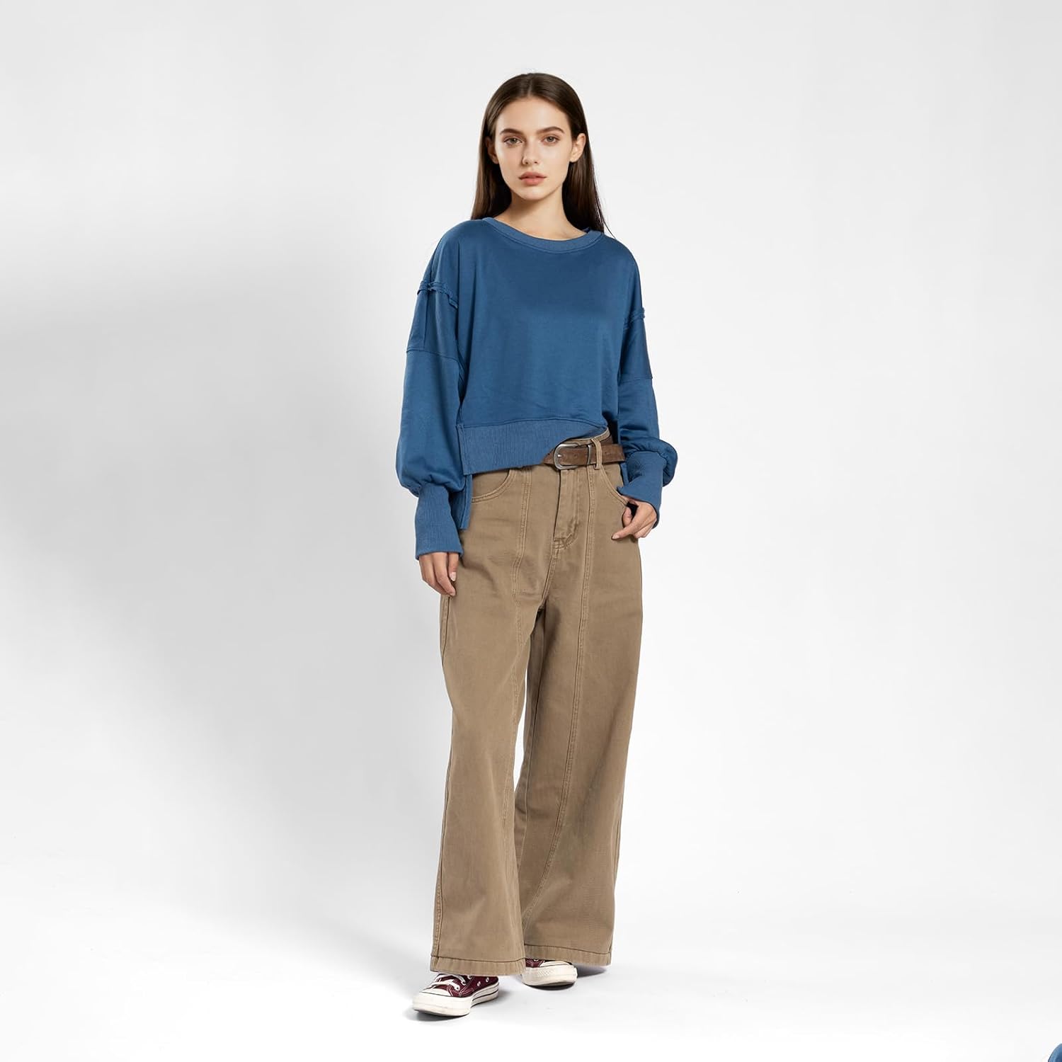 Womens Crewneck Sweatshirts Cropped Long Sleeve Tops Oversize Loose Fit Tee Side Slit Pullover Tshirt - Image 5