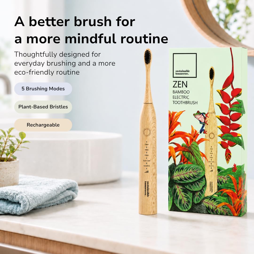 Sustainable Tomorrow Zen Bamboo Spazzolino da denti elettrico per adulti, ricaricabile con setole morbide a base vegetale, teste in bambù, 5 modalità e batteria a lunga durata, regalo di Natale ideale