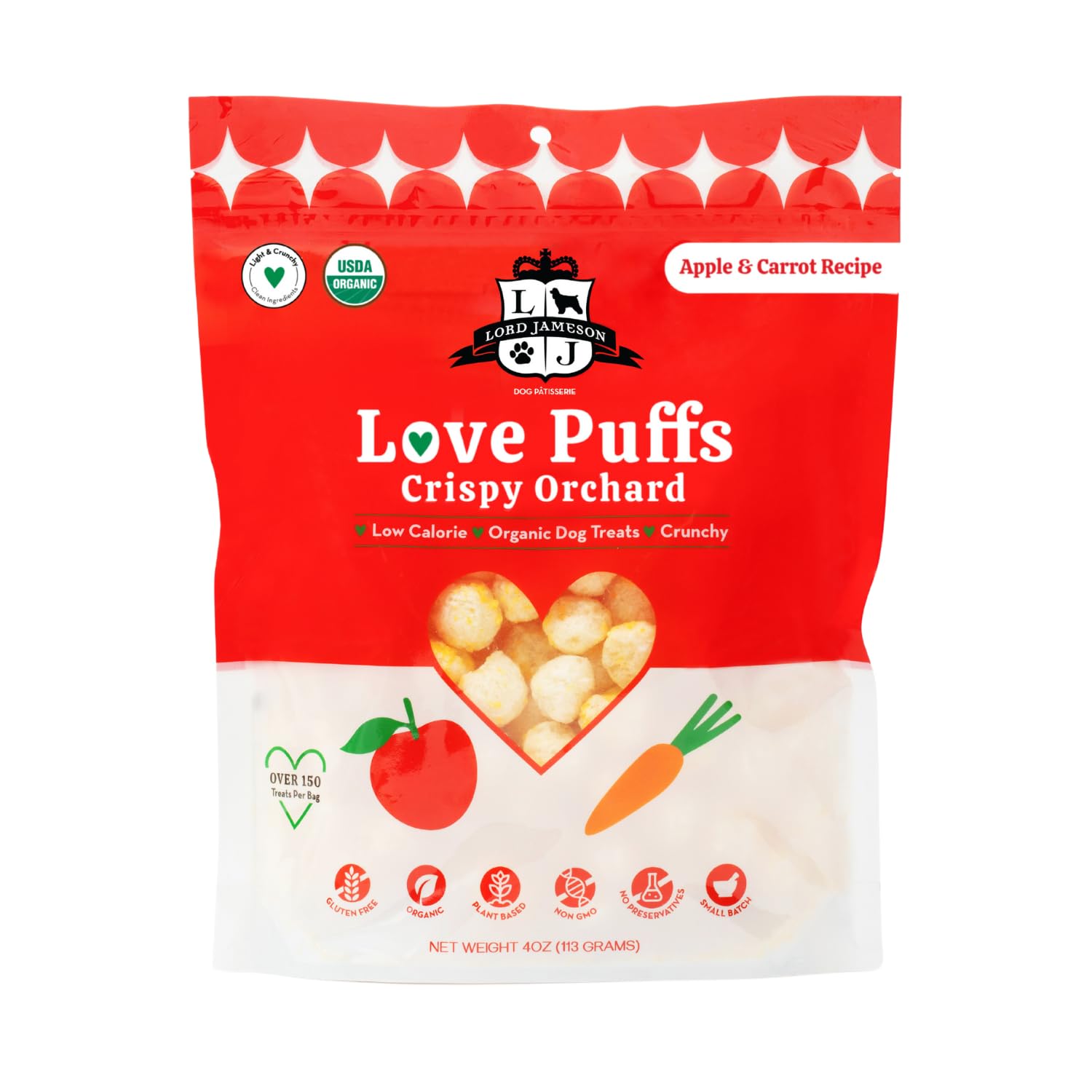 Lord Jameson Crispy Orchard Light & Crunchy Love Puffs - Apple & Carrot Dog Treats, Low-Calorie, Low-Sugar, Gluten & Preservative-Free, USDA Certified