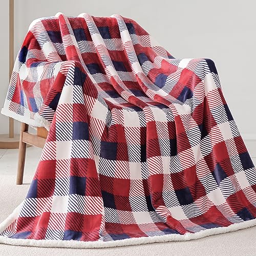 Touchat Sherpa Plaid Twin Blanket 60" X 70", Fuzzy Fluffy Soft Cozy Throw Blanket, Twin Size Plush Fleece Flannel Plush Microfiber Blanket for Couch Bed Sofa (Red Color)