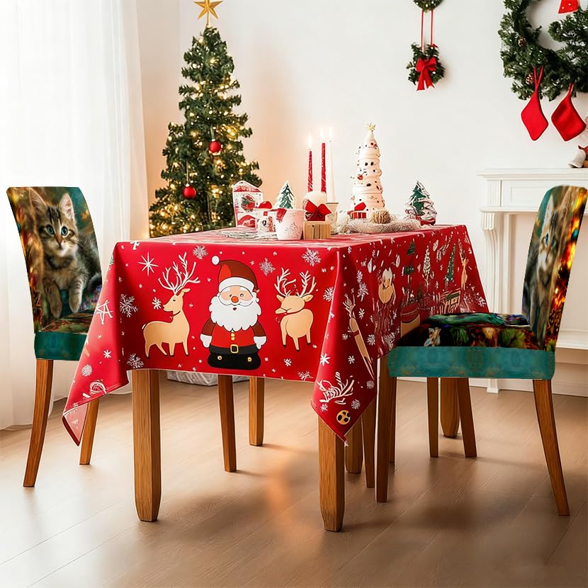 Image of Christmas Kitten Dining Chair Covers Set of 4, Stretch Slipcovers